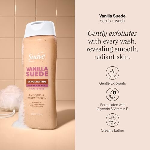 Suave Vanilla Suede Exfoliating Body Wash & Scrub – Sulfate-Free Hydrating Cleanser with Glycerin & Vitamin E, 6 Count (108 Fl Oz Total) Avelisse