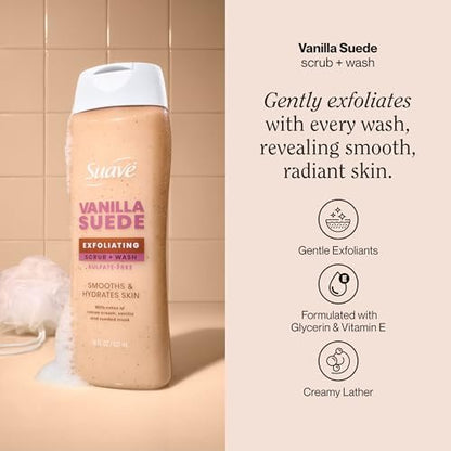 Suave Vanilla Suede Exfoliating Body Wash & Scrub – Sulfate-Free Hydrating Cleanser with Glycerin & Vitamin E, 6 Count (108 Fl Oz Total) Avelisse
