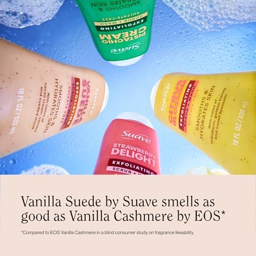Suave Vanilla Suede Exfoliating Body Wash & Scrub – Sulfate-Free Hydrating Cleanser with Glycerin & Vitamin E, 6 Count (108 Fl Oz Total) Avelisse