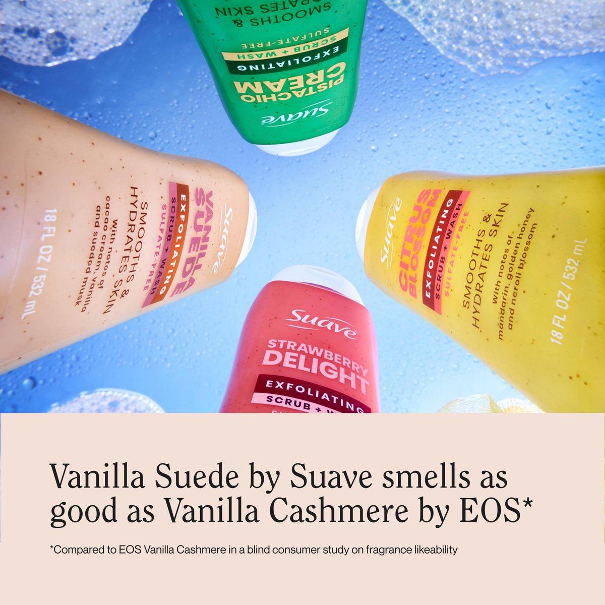 Suave Vanilla Suede Exfoliating Body Wash & Scrub – Sulfate-Free Hydrating Cleanser with Glycerin & Vitamin E, 6 Count (108 Fl Oz Total) Avelisse