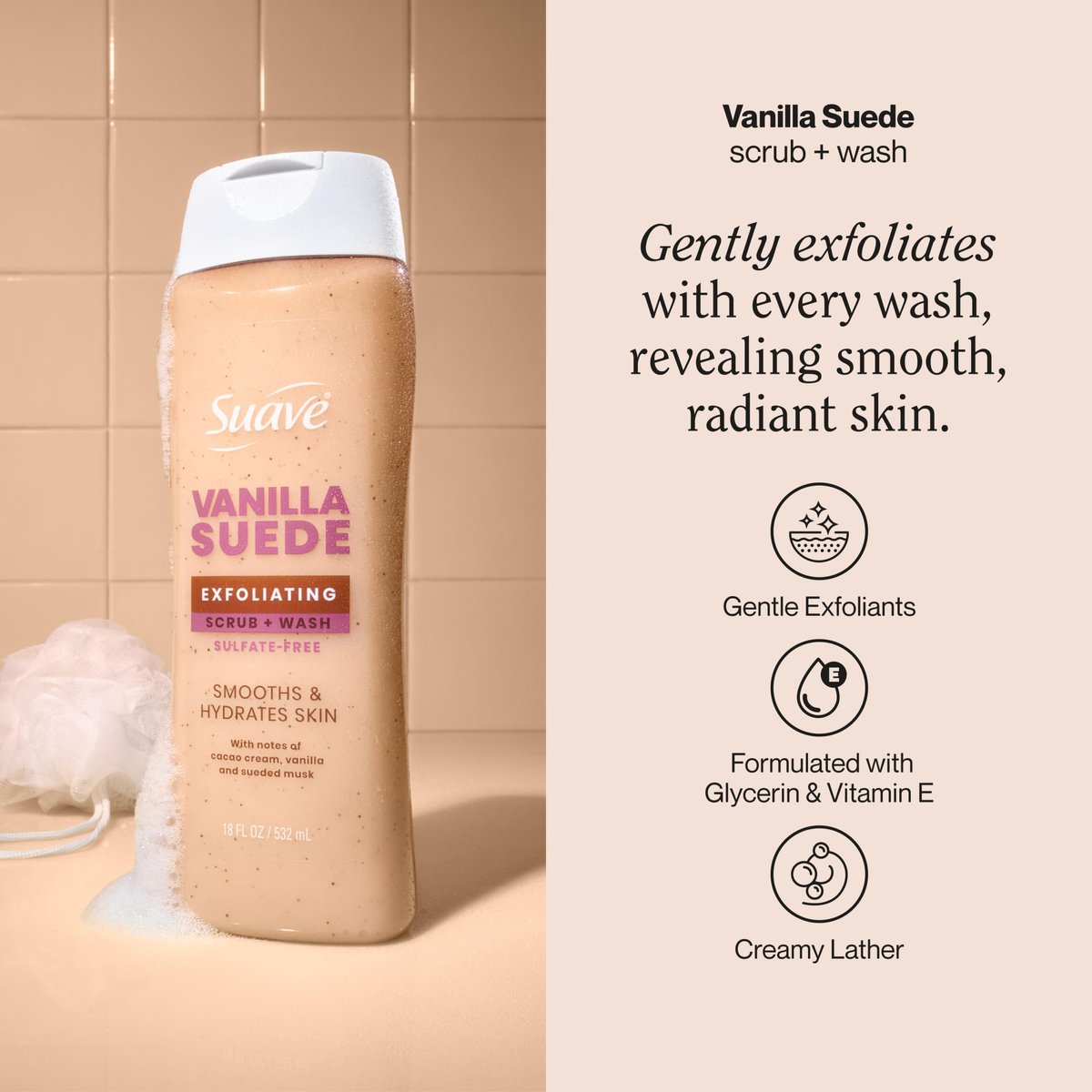 Suave Vanilla Suede Exfoliating Body Wash & Scrub – Sulfate-Free Hydrating Cleanser with Glycerin & Vitamin E, 6 Count (108 Fl Oz Total) Avelisse
