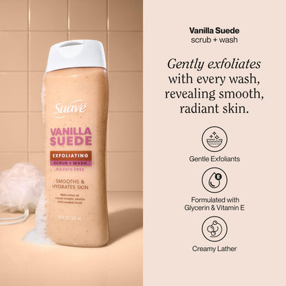 Suave Vanilla Suede Exfoliating Body Wash & Scrub – Sulfate-Free Hydrating Cleanser with Glycerin & Vitamin E, 6 Count (108 Fl Oz Total) Avelisse