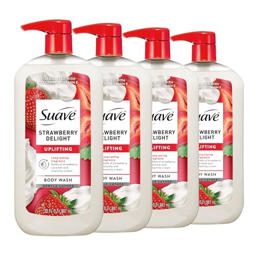 Suave Strawberry Delight Uplifting Body Wash, 30 FL OZ Pump, 4 Pack - Hydrating with Glycerin & Vitamin E Avelisse