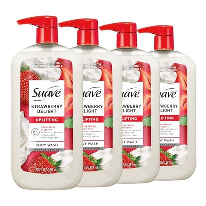 Suave Strawberry Delight Uplifting Body Wash, 30 FL OZ Pump, 4 Pack - Hydrating with Glycerin & Vitamin E Avelisse