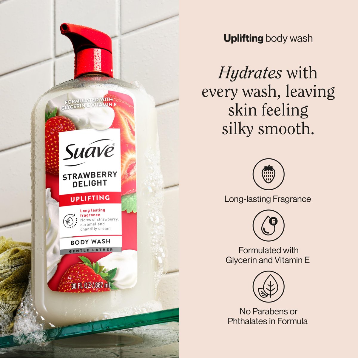 Suave Strawberry Delight Uplifting Body Wash, 30 FL OZ Pump, 4 Pack - Hydrating with Glycerin & Vitamin E Avelisse