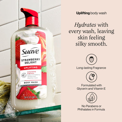 Suave Strawberry Delight Uplifting Body Wash, 30 FL OZ Pump, 4 Pack - Hydrating with Glycerin & Vitamin E Avelisse
