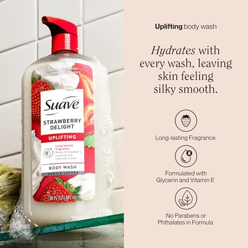 Suave Strawberry Delight Uplifting Body Wash, 30 FL OZ Pump, 4 Pack - Hydrating with Glycerin & Vitamin E Avelisse