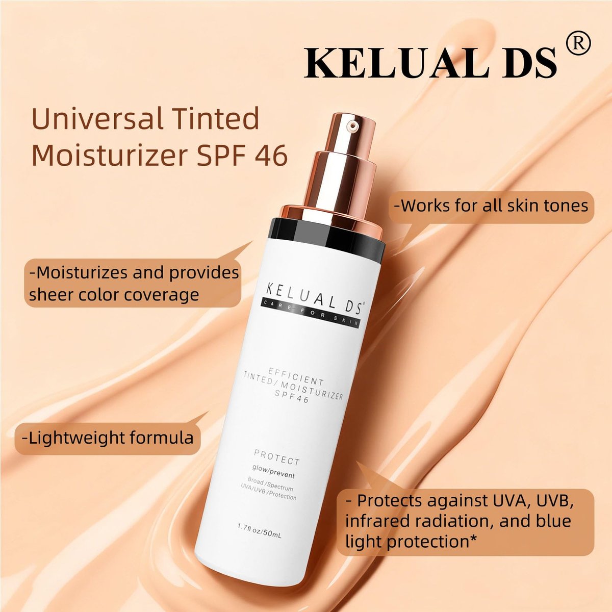 KELUAL DS Anti-Aging Tinted Face Moisturizer & Sheer Face Sunscreen SPF 46, Hydrating Skin Care & Sunscreen Moisturizer, 1.7 oz Avelisse