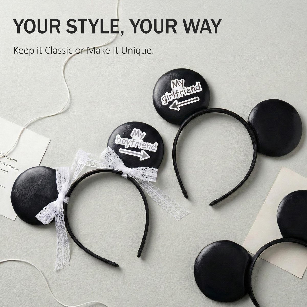 Classic Black Mouse Ears Headband 2-Pack – Unisex Smooth Ears for Couples, Family Trips & DIY Projects – Simple & Lightweight Avelisse