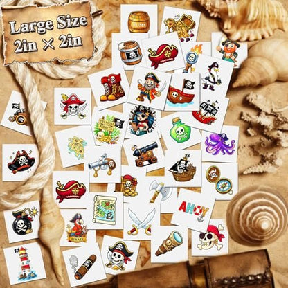 Ozepao 100 Pcs Pirate Temporary Tattoos for Kids - Individually Wrapped Pirate Ship Nautical Themed Party Favors