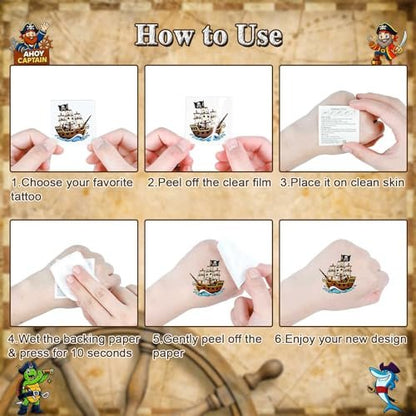Ozepao 100 Pcs Pirate Temporary Tattoos for Kids - Individually Wrapped Pirate Ship Nautical Themed Party Favors