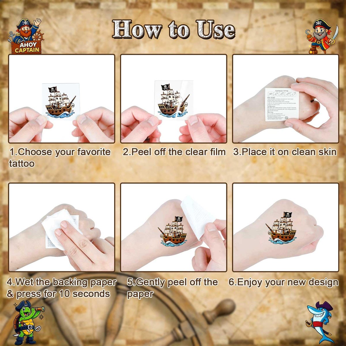 Ozepao 100 Pcs Pirate Temporary Tattoos for Kids - Individually Wrapped Pirate Ship Nautical Themed Party Favors - görsel 7