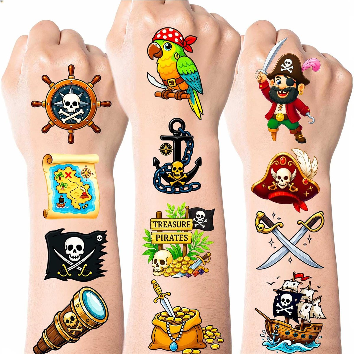 Ozepao 100 Pcs Pirate Temporary Tattoos for Kids - Individually Wrapped Pirate Ship Nautical Themed Party Favors - görsel 1