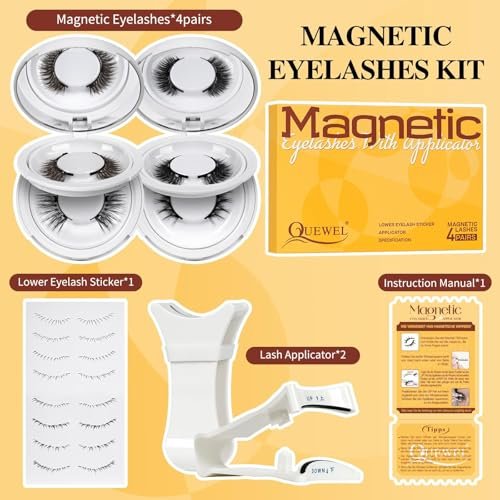QUEWEL Magnetic Eyelashes 4 Pair Reusable Natural Look Lash Clusters Kit with Applicator – No Glue Needed, Easy to Wear and Remove (Black, 4 Pairs) Avelisse