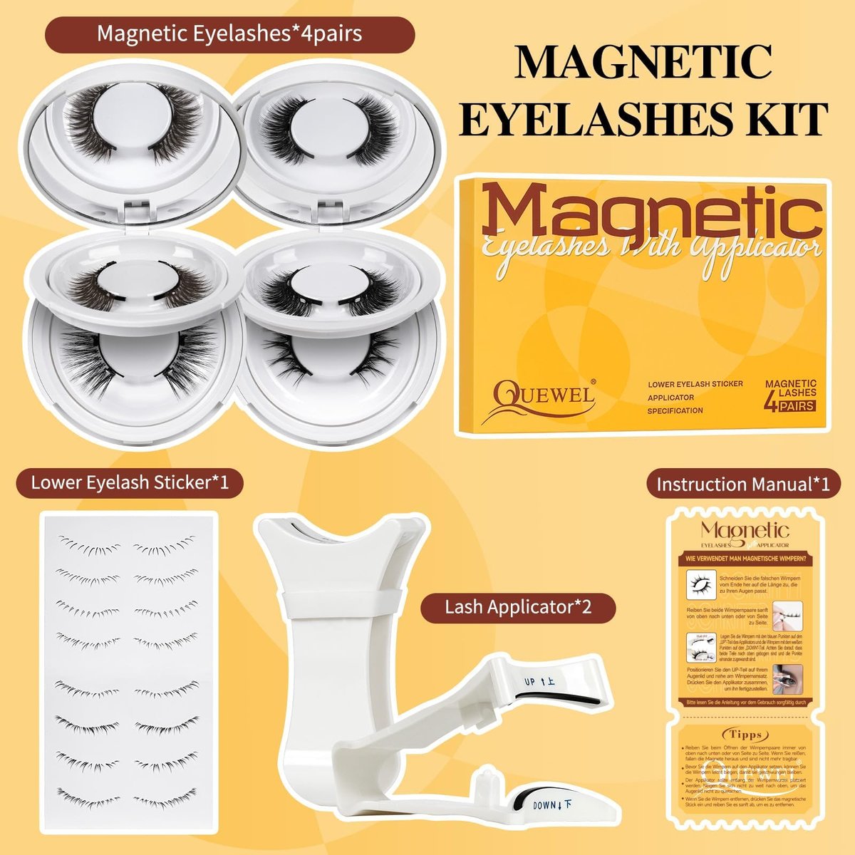 QUEWEL Magnetic Eyelashes 4 Pair Reusable Natural Look Lash Clusters Kit with Applicator – No Glue Needed, Easy to Wear and Remove (Black, 4 Pairs) Avelisse