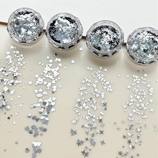 4 Jars Silver Glitter for Nails - Shiny Nail Glitter Flakes, Silver Sequins, Circular Starlight Heart Star Shapes for Manicure Decor & Crafts