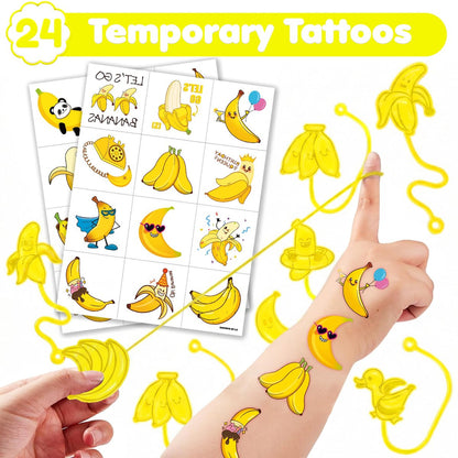 48PCS Banana Party Favors - 24 Temporary Tattoos & 24 Sticky Hands for Kids Birthday Party Supplies, Goodie Bag Stuffers, Classroom Prizes, Treasure Box Toys, Student Gifts