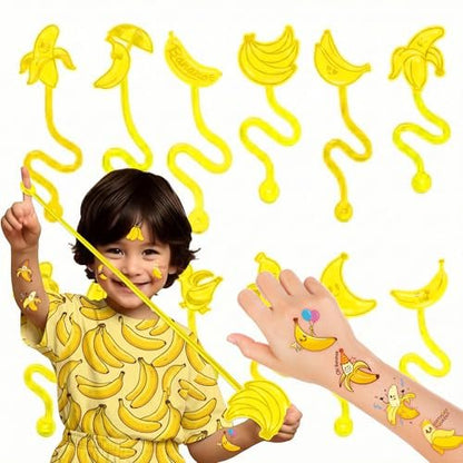 48PCS Banana Party Favors - 24 Temporary Tattoos & 24 Sticky Hands for Kids Birthday Party Supplies, Goodie Bag Stuffers, Classroom Prizes, Treasure Box Toys, Student Gifts