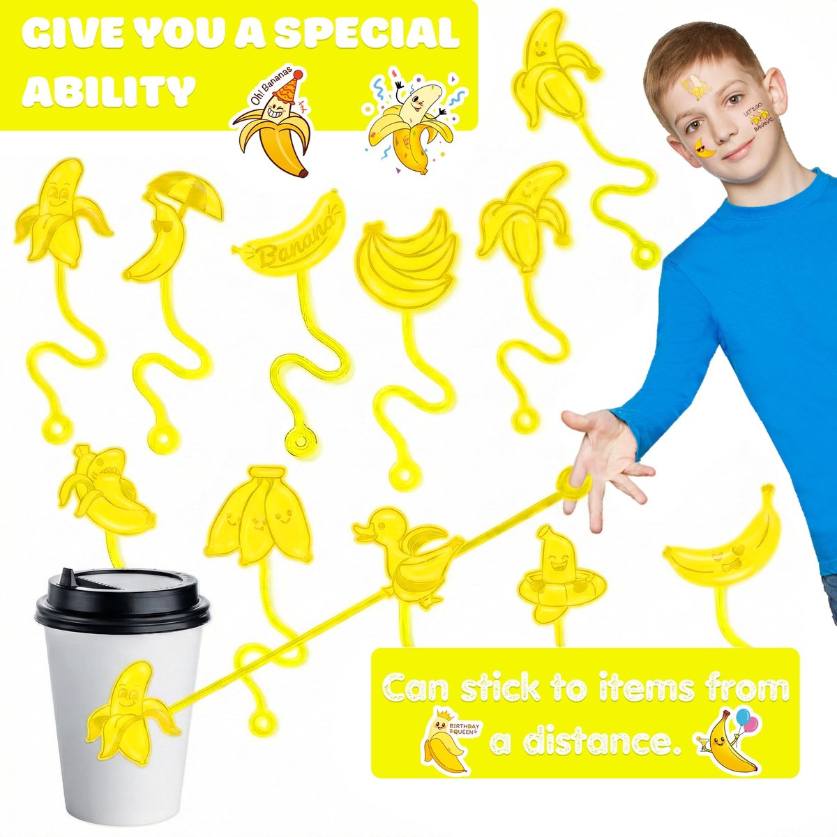 48PCS Banana Party Favors - 24 Temporary Tattoos & 24 Sticky Hands for Kids Birthday Party Supplies, Goodie Bag Stuffers, Classroom Prizes, Treasure Box Toys, Student Gifts - görsel 10