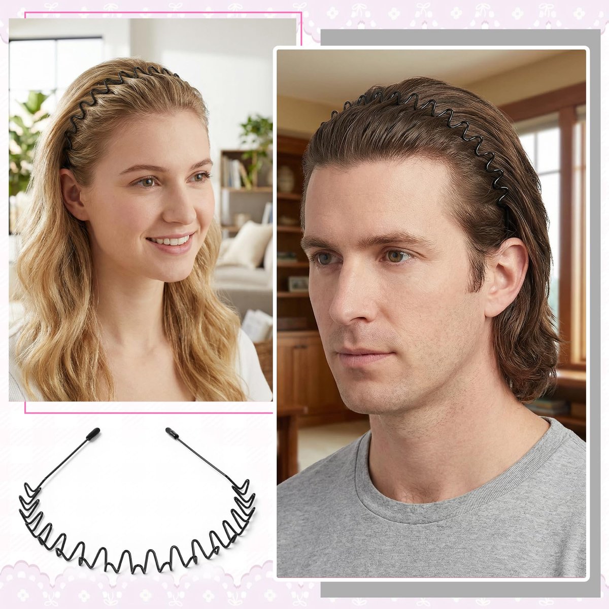 Xyembu 2-Pack Metal Hair Bands – Non-Slip Wave Headbands for Men & Women, Black - görsel 5