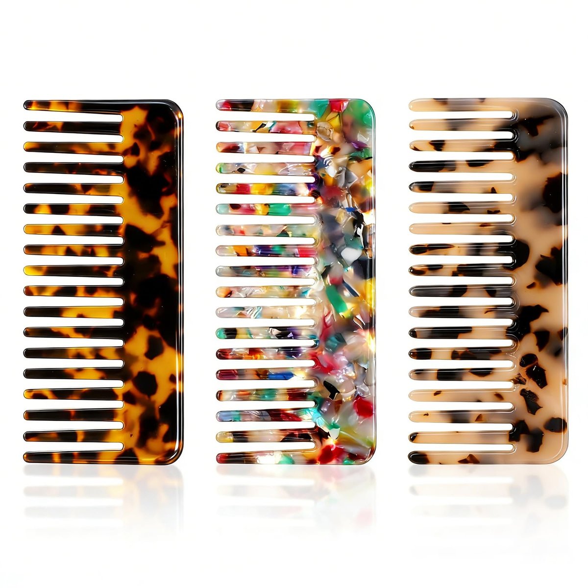 3 Pcs Wide Tooth Hair Detangling Combs – Cellulose Acetate, Anti-Static, Gentle on Thick & Curly Hair (Deep Tortoise, Light Tortoise & Multicolor) - görsel 1