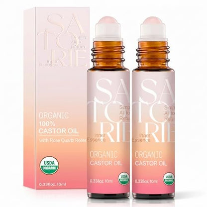 SATORIE 2-Pack Organic Castor Oil with Rose Quartz Rollerball - USDA Certified 100% Castor Oil Roll-on for Face, Under Eyes, Brows & Lashes; Deep Moisture, Soothing, Promotes Hair Growth Avelisse