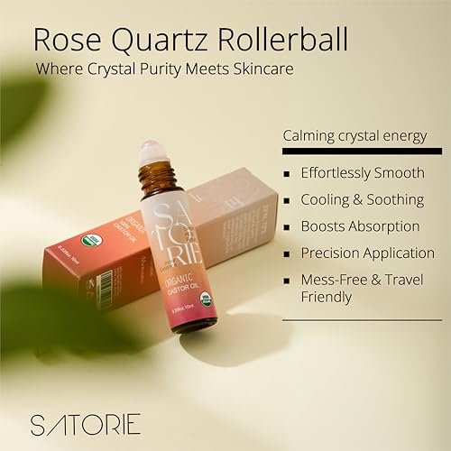 SATORIE 2-Pack Organic Castor Oil with Rose Quartz Rollerball - USDA Certified 100% Castor Oil Roll-on for Face, Under Eyes, Brows & Lashes; Deep Moisture, Soothing, Promotes Hair Growth Avelisse