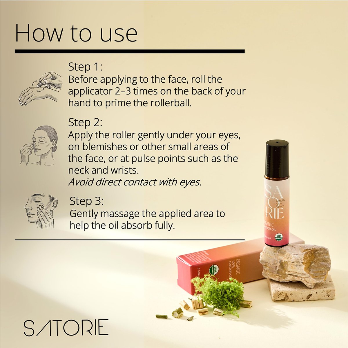 SATORIE 2-Pack Organic Castor Oil with Rose Quartz Rollerball - USDA Certified 100% Castor Oil Roll-on for Face, Under Eyes, Brows & Lashes; Deep Moisture, Soothing, Promotes Hair Growth Avelisse