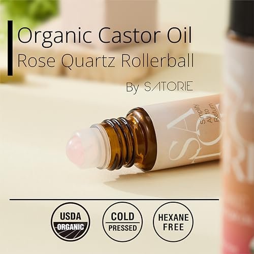 SATORIE 2-Pack Organic Castor Oil with Rose Quartz Rollerball - USDA Certified 100% Castor Oil Roll-on for Face, Under Eyes, Brows & Lashes; Deep Moisture, Soothing, Promotes Hair Growth Avelisse
