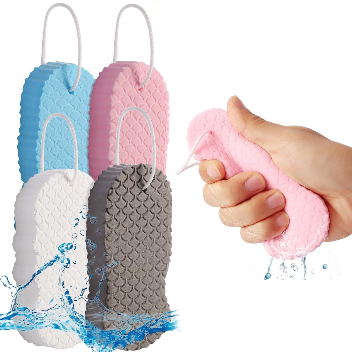 4 PCS Magic Exfoliating Bath Sponge - 3D Super Soft Body Scrubber for Shower | Reusable Exfoliating Sponge for Smooth Skin | Suitable for All Skin Types Men Women (Blue+Pink+White+Grey) Avelisse