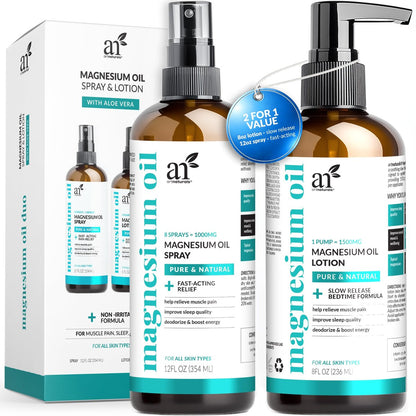 Artnaturals Magnesium Oil Spray 12oz + Body Lotion 8oz Set with Aloe Vera - Pure Topical Magnesium Chloride for Muscle Pain Relief, Sleep Support, Leg Cramps & Relaxation - Fast Absorbing Avelisse