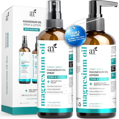 Artnaturals Magnesium Oil Spray 12oz + Body Lotion 8oz Set with Aloe Vera - Pure Topical Magnesium Chloride for Muscle Pain Relief, Sleep Support, Leg Cramps & Relaxation - Fast Absorbing Avelisse