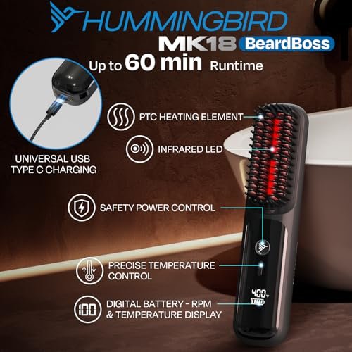 HUMMINGBIRD MK18 BeardBoss Cordless Beard Straightener for Men – Heated Beard Brush & Hot Comb, 5 Temp Settings, Anti-Scald Portable Hair Straightener, PTC Ceramic Heat, Infrared & Ionic, Travel Case Avelisse