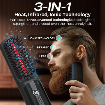 HUMMINGBIRD MK18 BeardBoss Cordless Beard Straightener for Men – Heated Beard Brush & Hot Comb, 5 Temp Settings, Anti-Scald Portable Hair Straightener, PTC Ceramic Heat, Infrared & Ionic, Travel Case Avelisse