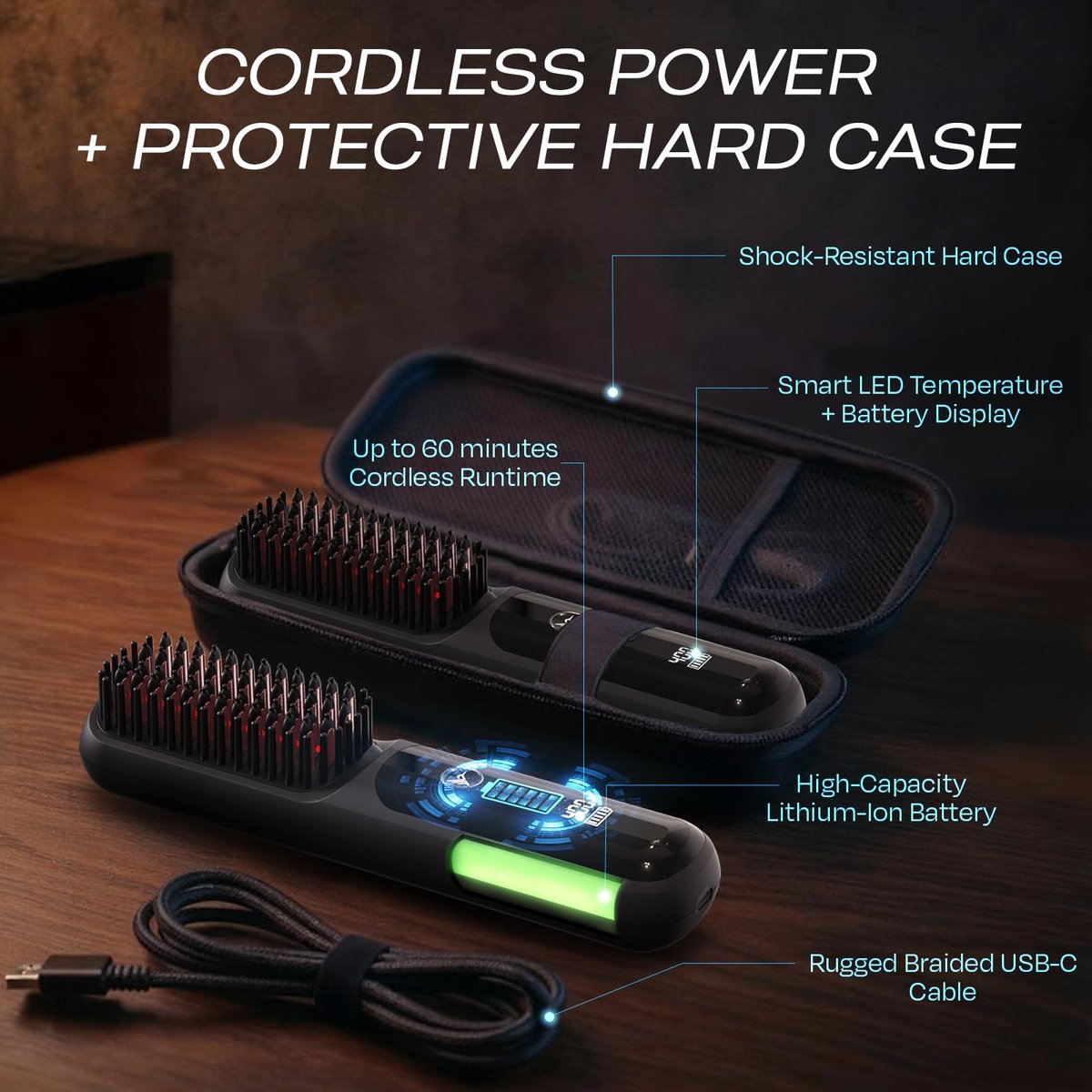 HUMMINGBIRD MK18 BeardBoss Cordless Beard Straightener for Men – Heated Beard Brush & Hot Comb, 5 Temp Settings, Anti-Scald Portable Hair Straightener, PTC Ceramic Heat, Infrared & Ionic, Travel Case Avelisse