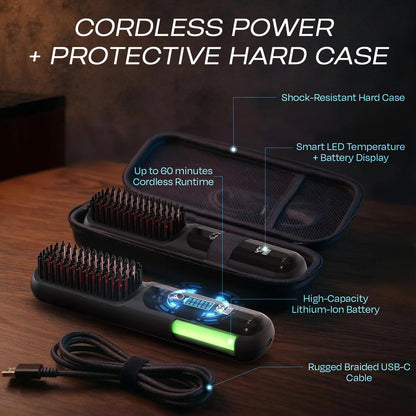 HUMMINGBIRD MK18 BeardBoss Cordless Beard Straightener for Men – Heated Beard Brush & Hot Comb, 5 Temp Settings, Anti-Scald Portable Hair Straightener, PTC Ceramic Heat, Infrared & Ionic, Travel Case Avelisse