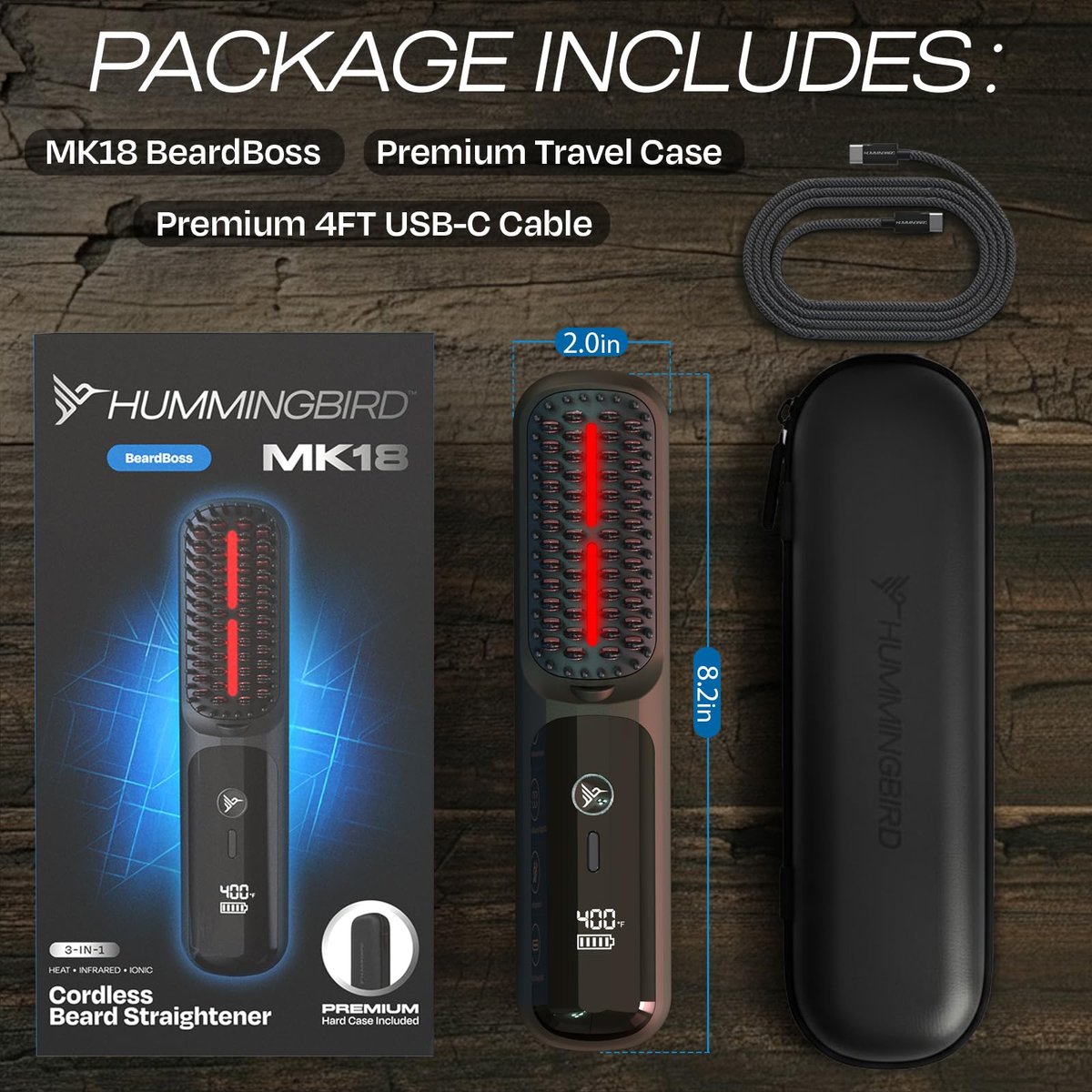 HUMMINGBIRD MK18 BeardBoss Cordless Beard Straightener for Men – Heated Beard Brush & Hot Comb, 5 Temp Settings, Anti-Scald Portable Hair Straightener, PTC Ceramic Heat, Infrared & Ionic, Travel Case Avelisse