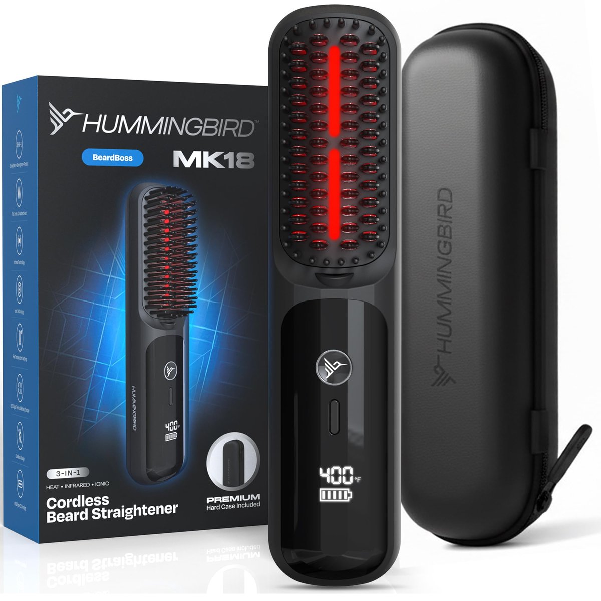 HUMMINGBIRD MK18 BeardBoss Cordless Beard Straightener for Men – Heated Beard Brush & Hot Comb, 5 Temp Settings, Anti-Scald Portable Hair Straightener, PTC Ceramic Heat, Infrared & Ionic, Travel Case Avelisse