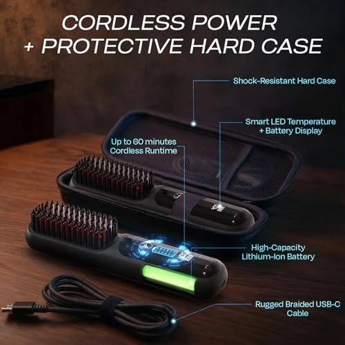 HUMMINGBIRD MK18 BeardBoss Cordless Beard Straightener for Men – Heated Beard Brush & Hot Comb, 5 Temp Settings, Anti-Scald Portable Hair Straightener, PTC Ceramic Heat, Infrared & Ionic, Travel Case Avelisse