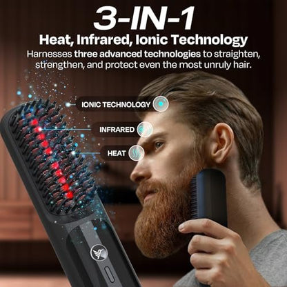 HUMMINGBIRD MK18 BeardBoss Cordless Beard Straightener for Men – Heated Beard Brush & Hot Comb, 5 Temp Settings, Anti-Scald Portable Hair Straightener, PTC Ceramic Heat, Infrared & Ionic, Travel Case Avelisse
