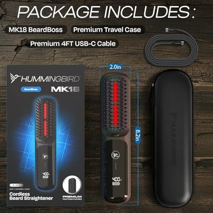 HUMMINGBIRD MK18 BeardBoss Cordless Beard Straightener for Men – Heated Beard Brush & Hot Comb, 5 Temp Settings, Anti-Scald Portable Hair Straightener, PTC Ceramic Heat, Infrared & Ionic, Travel Case Avelisse