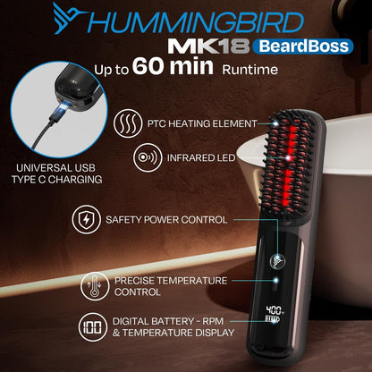 HUMMINGBIRD MK18 BeardBoss Cordless Beard Straightener for Men – Heated Beard Brush & Hot Comb, 5 Temp Settings, Anti-Scald Portable Hair Straightener, PTC Ceramic Heat, Infrared & Ionic, Travel Case Avelisse