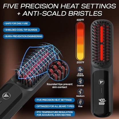 HUMMINGBIRD MK18 BeardBoss Cordless Beard Straightener for Men – Heated Beard Brush & Hot Comb, 5 Temp Settings, Anti-Scald Portable Hair Straightener, PTC Ceramic Heat, Infrared & Ionic, Travel Case Avelisse