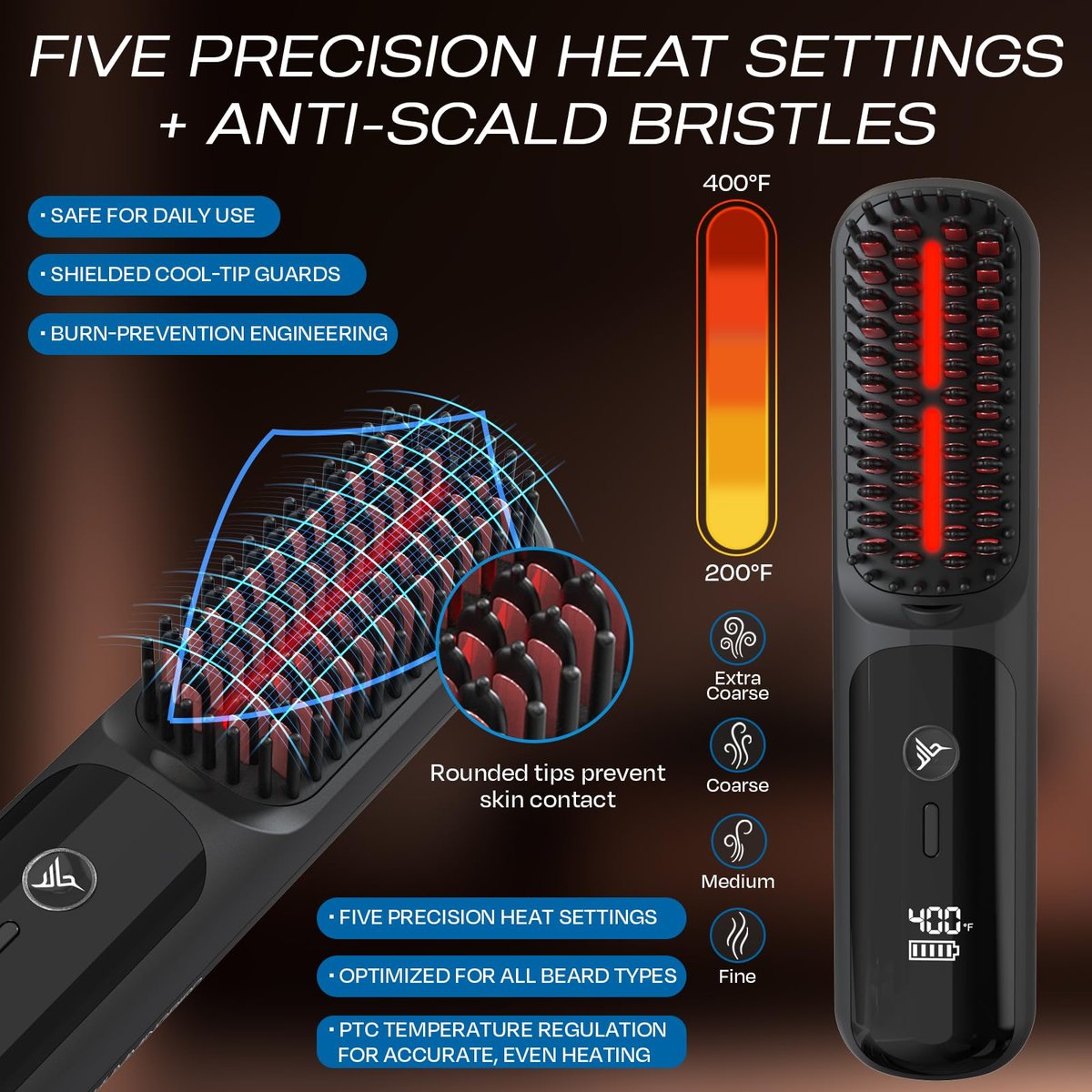 HUMMINGBIRD MK18 BeardBoss Cordless Beard Straightener for Men – Heated Beard Brush & Hot Comb, 5 Temp Settings, Anti-Scald Portable Hair Straightener, PTC Ceramic Heat, Infrared & Ionic, Travel Case Avelisse
