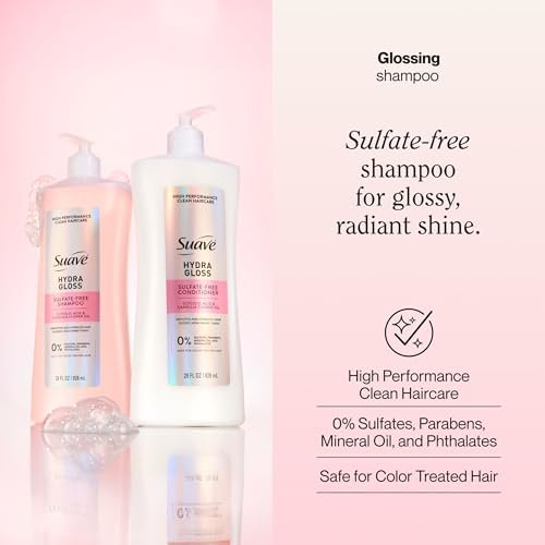 Suave Hydra Gloss Sulfate Free Shampoo with Glycolic Acid & Camellia Flower Oil - Hydrated, Smooth, Glossy Shine, 4 Count, 28 Fl Oz Avelisse