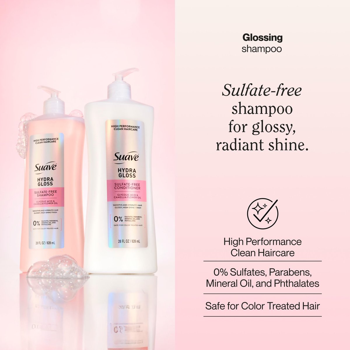 Suave Hydra Gloss Sulfate Free Shampoo with Glycolic Acid & Camellia Flower Oil - Hydrated, Smooth, Glossy Shine, 4 Count, 28 Fl Oz Avelisse