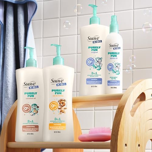 Suave Kids Purely Fun 3 in 1 Shampoo, Conditioner & Body Wash with Oat & Honey, Tear-Free, Hypoallergenic, 4 Count (28 FL OZ Each) Avelisse
