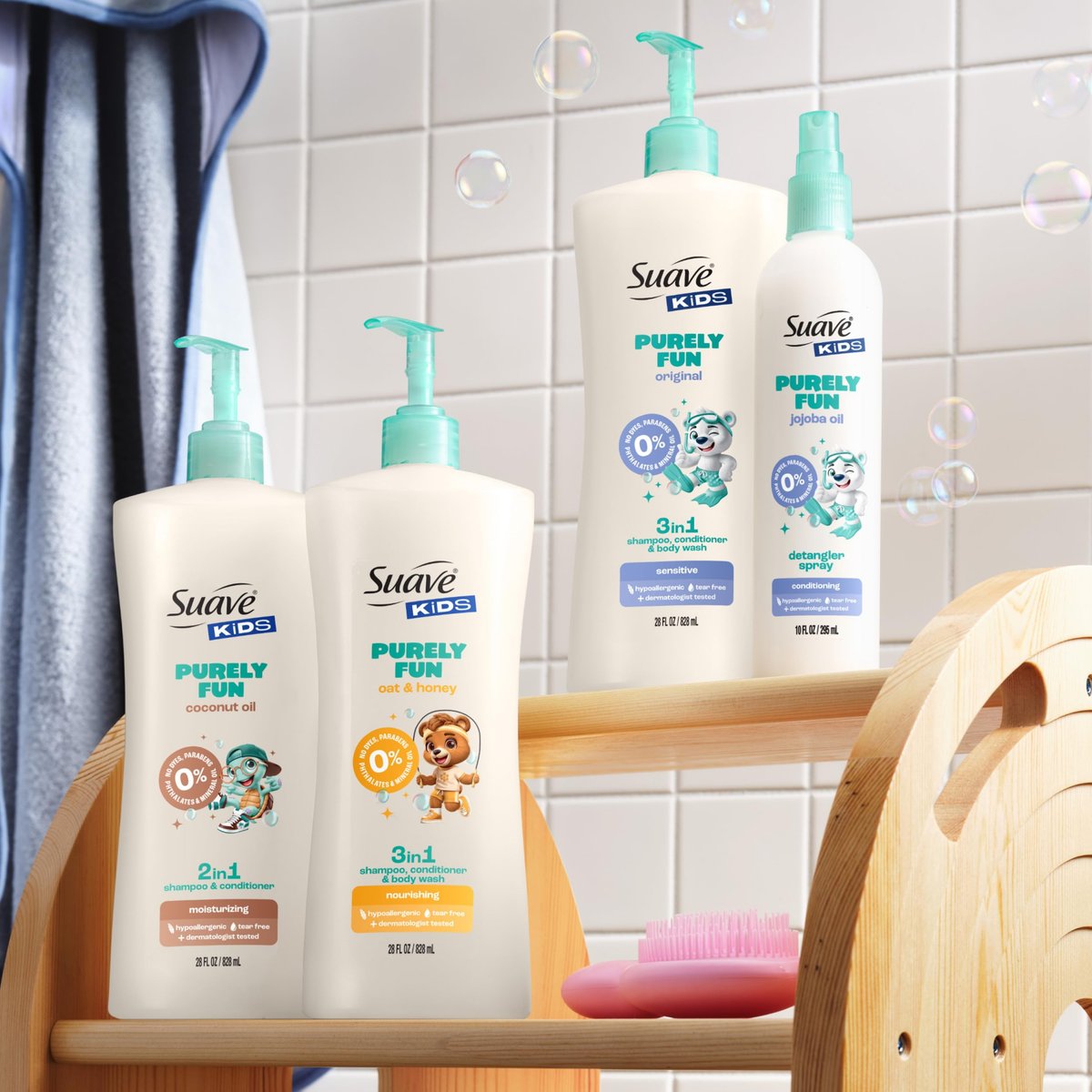 Suave Kids Purely Fun 3 in 1 Shampoo, Conditioner & Body Wash with Oat & Honey, Tear-Free, Hypoallergenic, 4 Count (28 FL OZ Each) Avelisse