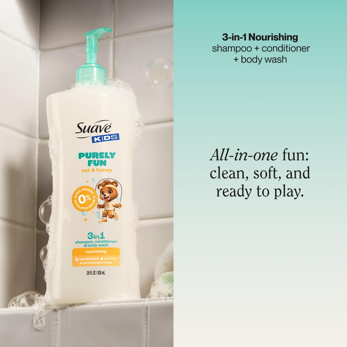 Suave Kids Purely Fun 3 in 1 Shampoo, Conditioner & Body Wash with Oat & Honey, Tear-Free, Hypoallergenic, 4 Count (28 FL OZ Each) Avelisse