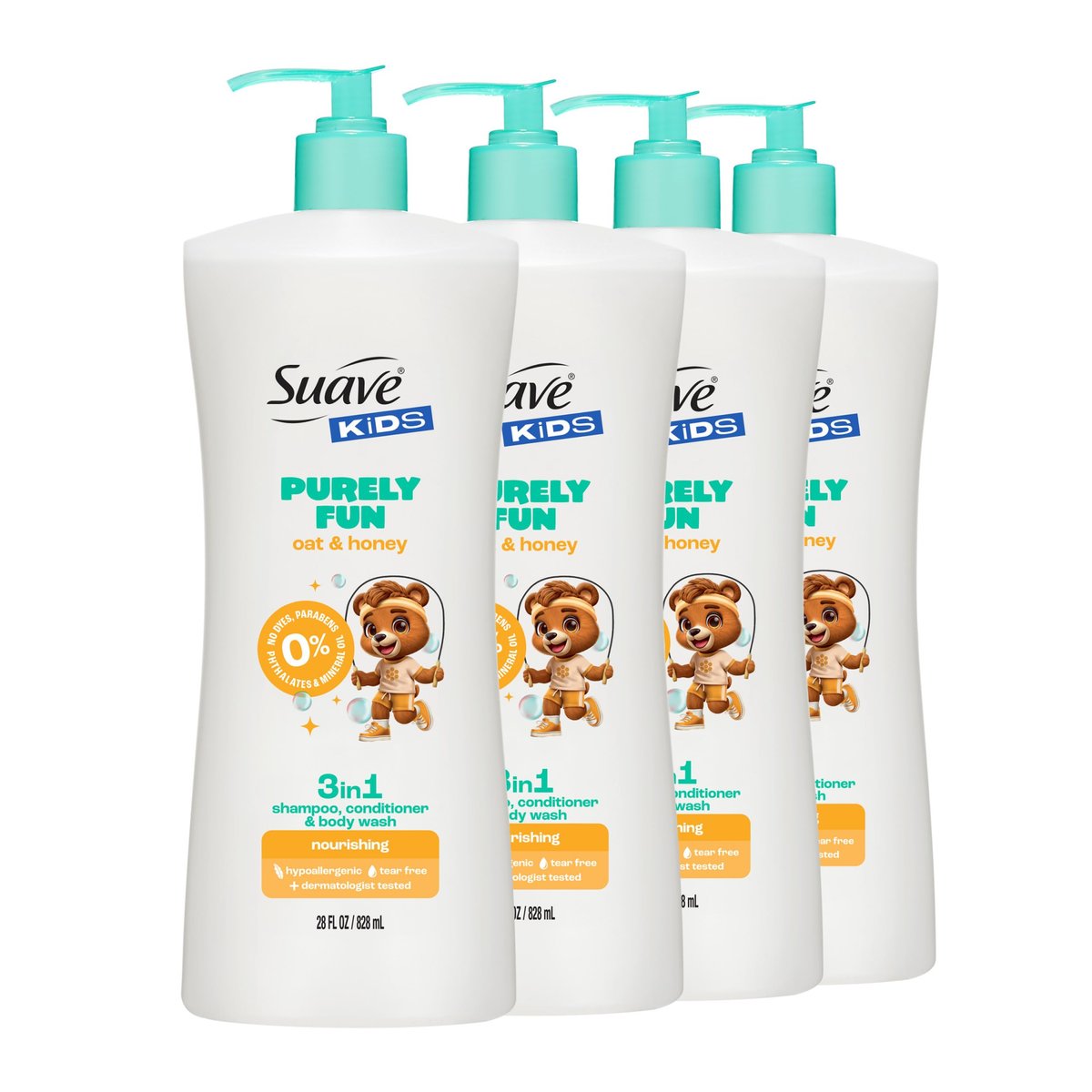 Suave Kids Purely Fun 3 in 1 Shampoo, Conditioner & Body Wash with Oat & Honey, Tear-Free, Hypoallergenic, 4 Count (28 FL OZ Each) Avelisse